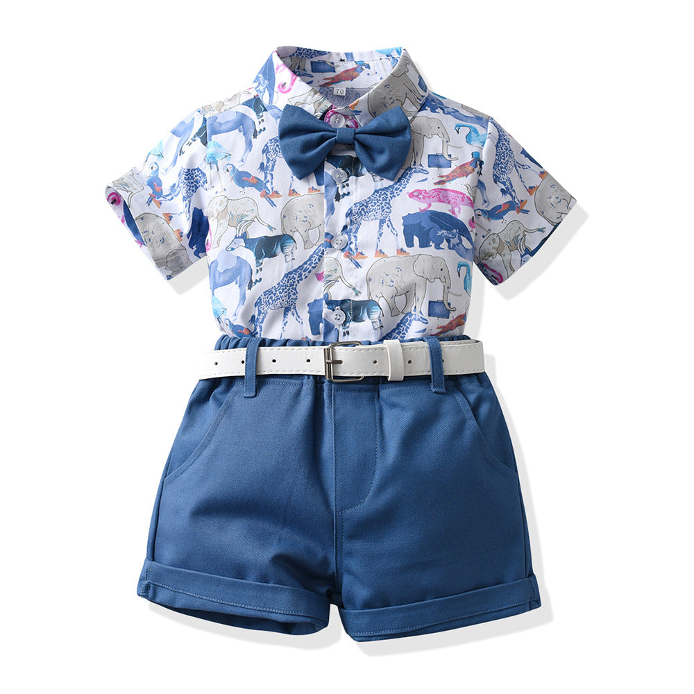 卸売ボーイズコットン夏半袖花柄シャツショーツカジュアルツーピースセット